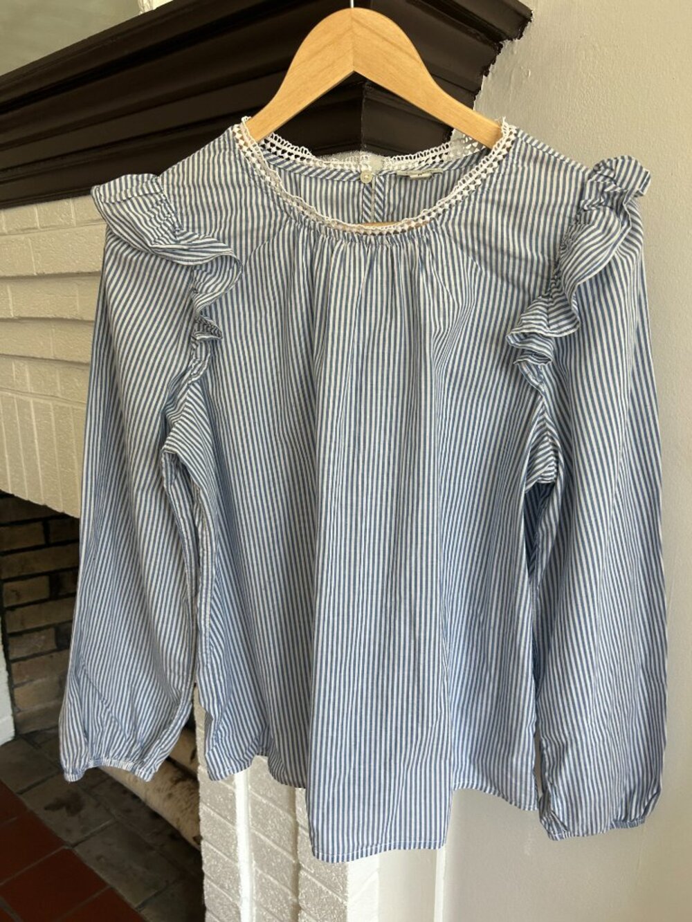J. Crew Blue and White Stripped Long Sleeve Blouse with Ruffles Size M